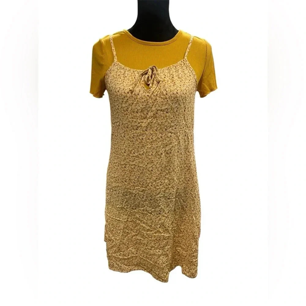 5 FOR $20 Evsie girls sz 13/14 dress with attached shirt mustard floral print.